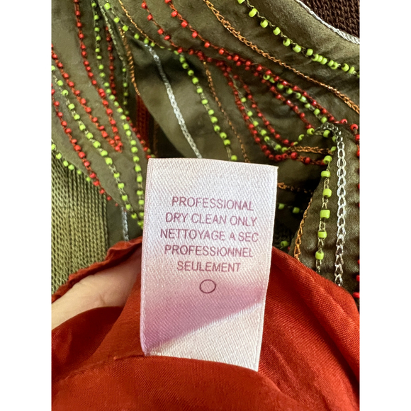 Calypso Womens XS Silk Beaded Cap Sleeve Boho Earthy Green Orange Shift Dress - Picture 8 of 12